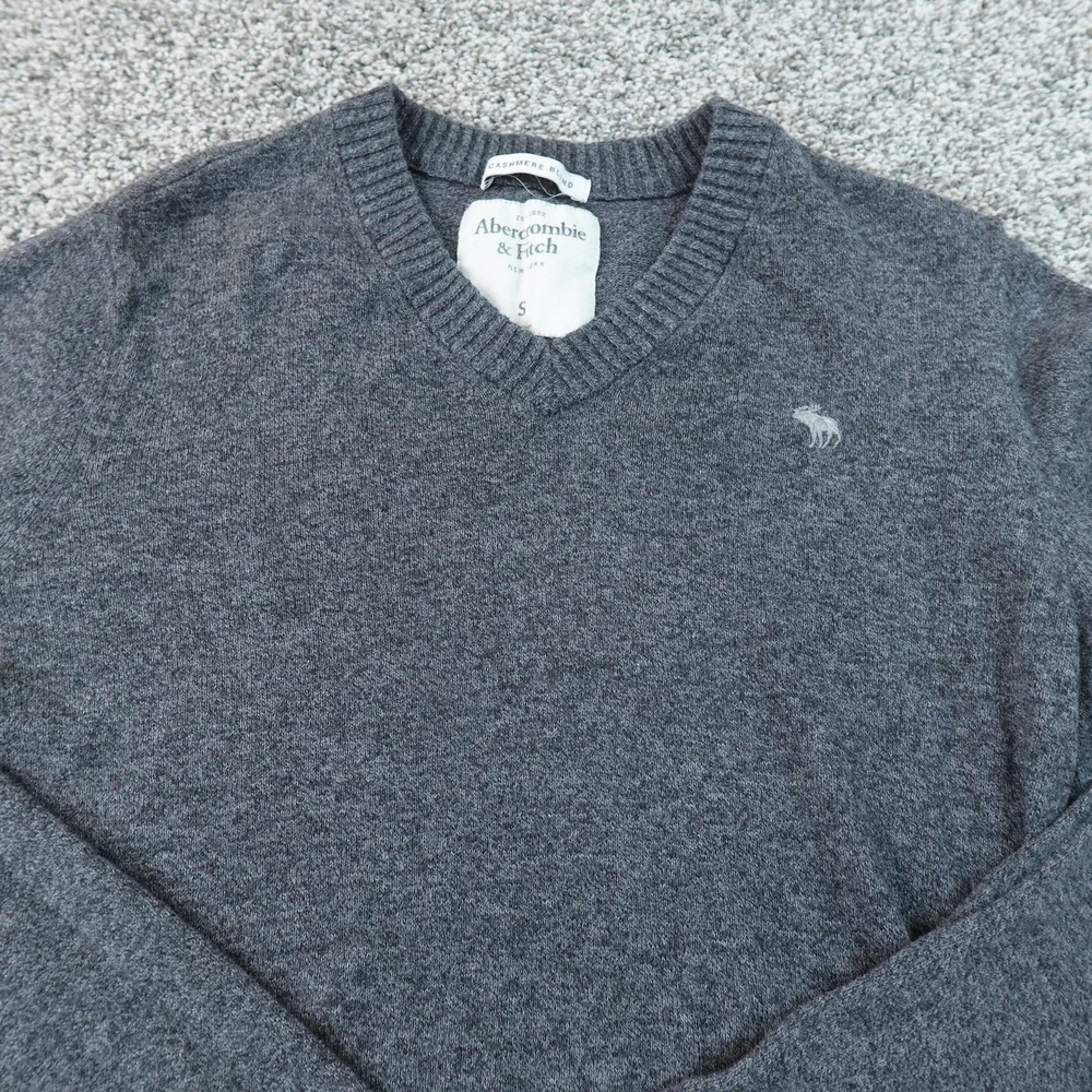 Abercrombie Fitch Sweater Mens S Gray Cotton Cashmere V Neck Knit Pullover Y2K
